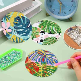 8 Pcs Diamond Art Painting Coasters Kits with Holder DIY Flower Leaves Diamond Art Coaster Non Slip Coaster for Adults Diamond Painting Kits Supplies for Gift