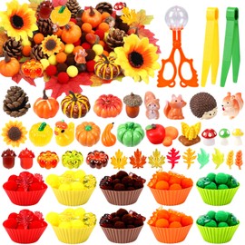 FlorWave Fall Sensory Bin Fillers-327Pcs Fall Thankgiving Fine Motor Items with Pom Poms Pumpkins Maple Leaves Squirrels Cup for Counting Sorting Training