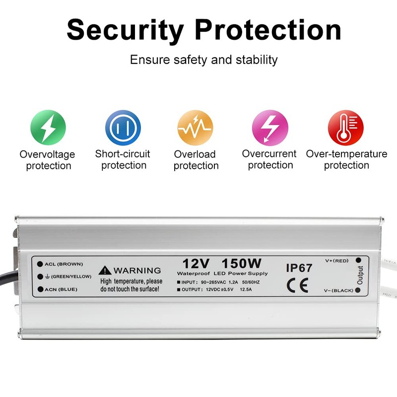 150W 12 Volt LED Power Supply, Waterproof IP67 LED Driver,