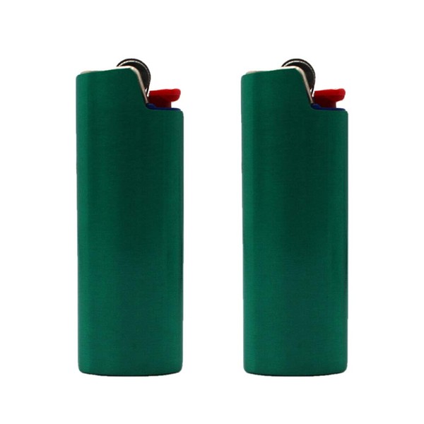 2 (Two) Brushed Metal Lighter Covers/Sleeves/Holders for Large BIC J6 lighters (Green)