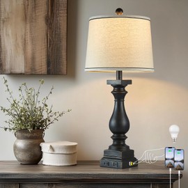 MOUVOVO 28" Tall Farmhouse Table Lamps with USB C+A Ports and AC Outlet, 3 Way Touch Control Rustic Bedside Lamps for Bedroom, Black Vintage Nightstand Lamps for Living Room Office