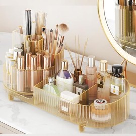 Suyoo 360° drehbarer Make-up-Organizer mit Pinselhalter, große Kapazität, Kosmetikvitrine für Schminktisch, Arbeitsplatte, Schlafzimmer (Gold)