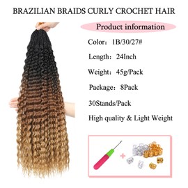 Pre Looped Brazilian Micro Kinky Curly Crochet Hair, 8 Packs, 18 Inch Black Water Wave Micro Curly Braiding Hair Extensions, Deep Wave for Mini Senegalese Twist Hair (1B/30/27#, 24 Inch (Pack of 8))