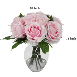 11" H 10" D Artificial Silk Open Rose Pot w 14 Fake Flower Heads Faux Water Glass Pot Vase Floral Arrangement for Valentines Gift Indoor Home Decoration Shop Office Decor Wedding Party Tabletop (Pink)