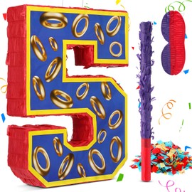 16 Inch Number 5 Blue and Golden Rings Pinata for Birthday Party Decorations, Blue Golden 5th Birthday Party Favor Supplies Fiesta Anniversary Celebration Birthday Pinata with Stick Blindfold Confetti