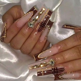 MISUD Press on Nails Extra Long Square Fake Nails Glossy Glue on Nails Brown Plaid Acrylic Nail Supplies Squoval Artificial Nail Art Rhinestone False Nails with Bling Glitter Design DIY 24 pcs