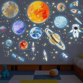 3 Sheets Wall Stickers Luminous Stickers 9 Planets Luminous Stars Astronaut Planet Luminous Wall Sticker Luminous Stars Solar System Wall Sticker for Children's Room Bedroom Decorative Stickers Blue