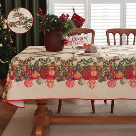 SASTYBALE Christmas Tablecloth Rectangle 60 x 102 Inch Water Oil Proof Holly Berry Xmas Ornament Ball Rustic Santa Table Cloth, Xmas Fabric Table Cover for Holiday, Winter, Farmhouse, Red/Beige