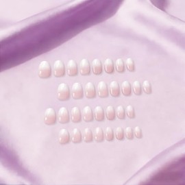 Uñas postizas Ombre cortas ovaladas, 32 piezas, 16 tamaños, uñas postizas rosa degradado, almendradas, ajuste natural, uñas francesas brillantes con p