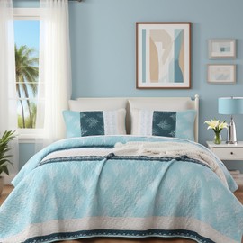 DJY Quilt Set King Size Light Blue Boho Striped Floral Bedspread Coverlet Set, 3 Pieces Patchwork Stripe Soft Lightweight Summer Quilt Bedding Set with 2 Pillow Shams (Light Blue, 110"x90")