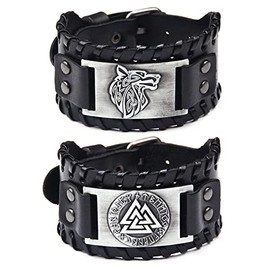 Sehaby 2 Pieces Viking Celtic Knot Bracelet, Silver Wolf Head Leather Bracelet, Nordic Odin Bracelet, Medieval Amulet Jewelry Bracelet, (SY055-YLangaoding-PSL)