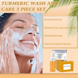 Turmeric Wash and Care Three Piece Set,Tuemeric Facial Cleanser & Turmeric Soap Bar & Turmeric Face Scrub Pads, Turmeric Cleansing Skincare Set for Face & Body, Deep Cleansing