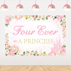 kreat4joy Four Ever a Princess Birthday Decorations Backdrop, Princess 4th Birthday Party Decorations Backdrop Banner for 4 Year Old Girl Birthday