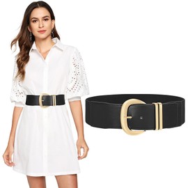 SANSTHS Women Wide Elastic Waist Belt for Dresses Fashion Gold Buckle Stretchy Leather Waistband for Ladies, Black S