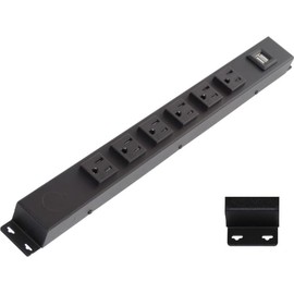 16″ Hardwired Power Strip (NO Power Cord), 6 Tamper Resistant Outlets (NEMA 5-15R - NOT 20Amp), with Ears (with mounting tabs on Both Ends), USB, Black