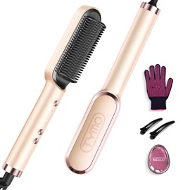 TYMO Ring Hair Straightener Brush – Hair Straightening Iron with Built-in Comb, 20s Fast Heating & 5 Temp Settings & Anti-Scald, Perfect for Professional Salon at Home, Peach