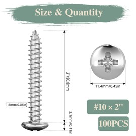 GOHODOMINO #10 x 2 Wood Screw 100Pcs Truss Head Phillips Stainless Steel 304 (18-8) Fast Self Tapping Screws