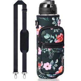 Fimibuke 32 oz Water Bottle with Sleeve - BPA Free Leakproof Sport Large 1L Plastic Motivational Water Bottle with Straw Strap Insulated Neoprene Holder Carrier Bag for Women Men (A9.Retro Rose)