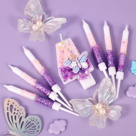 AKURIEEY Vela de mariposa de 4º cumpleaños color morado con 6 velas largas para niñas, decoración de pasteles, decoración de fiesta, aniversario, sumi