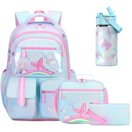 ACESAK Kids School Backpack for Girls, Rainbow Bookbag Backpack with 14OZ Kids Water Bottle, Lunch Bag Set for Girls Kid Teens Middle School Student, Girl Backpacks for Schools (4pcs Water Bottle)