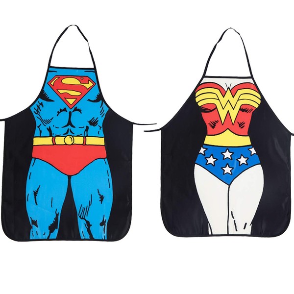 Cycorld Funny Novelty Apron Christmas Kitchen Gift for Couples Xmas Cooking BBQ Party Apron Set for Men and Women Gift (2pcs Superman + Wonder Woman Aprons)