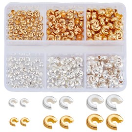 Beebeecraft 300Pcs Crimp Bead Covers 18K Gold & 925 Sterling Silver Plated Brass Open Crimping Beads with Divided Box for Jewelry Making DIY Crafts Findings Bracelet