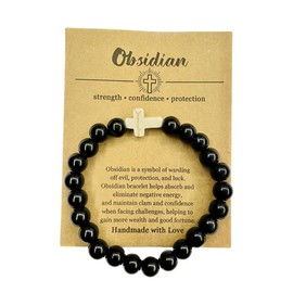 Yecomsy Christian Bracelet Cross Beaded Bracelets Jewelry Natural Healing Stone Inspirational Faith God Stretch Bracelet Religious Jewelry-Black Obsidian