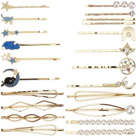 SOFPLATE 21 Styles 22Pcs Gold Star Hair Pins Bobby Pin Set Small Alloy Metal Pearl Cat Moon Barrettes Elegant Hairpin Headwear Styling Tools Hair Pin Clip Bulk for Women Party Wedding Daily Supply