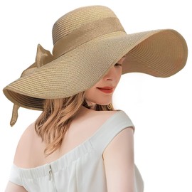 FAVOREAL Womens Sun Hat Straw Hat Large-Brimmed UV Protection Floppy Summer Beach Fishing Hat Packable Outdoor Travel Hat (CA/US, Alpha, One Size, Pure Khaki)