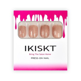 Natural Nude Pink Press on Nails Square, IKISKT Shimmer Glitter Fake Nails Short Eye Cat Glue On Nails False Nails with Design Reusable Stick On Nails in 12 Sizes 24 Nail Kit, Bling Nude Pink