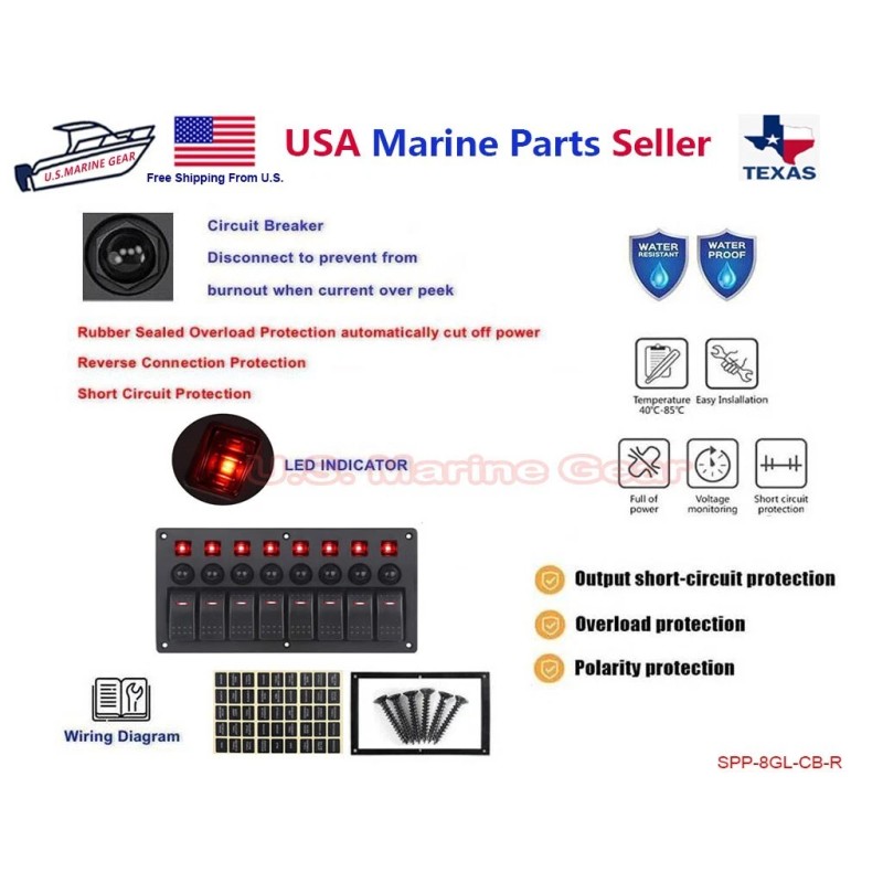 Mear Gear Boat Marine 8 Gang Switch Panel Circuit Breaker