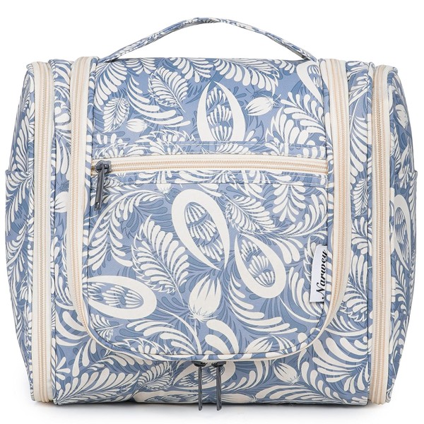 Hanging Toiletry Bag for Women Travel Makeup Bag Organizer Toiletries Bag Men for Cosmetics Essentials Accessories(Large, Blue Leaf)