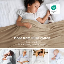 Bedsure GentleSoft 100% Cotton Blanket Queen Size for Bed - Breathable and Lightweight, Soft Cozy Textured Herringbone Woven Blanket for Summer, Taupe, 90x90 inches