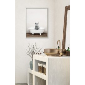Kate and Laurel Sylvie Cat in Rustic Bath Framed Canvas Wall Art by Amy Peterson Art Studio, 18x24 White, Modern Fun Decorative Bathtub Wall Art for Home Décor