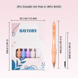 BAYTORY 5 Pcs Erasable Gel Pens, Fine Point 0.5mm Black Ink Erasable Pen with 10 Refills, Comfort Grip Writing Pens with Erasers, for Office School & Home Supplies (Black Ink)