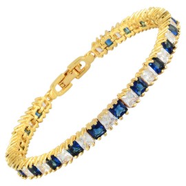 RIZILIA Ice Cubes Tennis Bracelet [18cm/7inch] with Princess Cut Gemstones CZ [Blue Sapphire] in 18K Yellow Gold Plated, Simple Modern Elegance