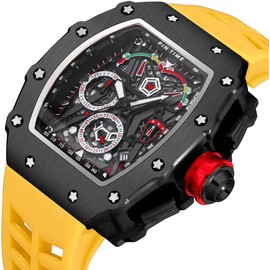 FANMIS Mens Luxury Tonneau Square Watches Analog Punk Chronograph Unique Sports Wrist Watch Japanese Movement Luminous Design with Rubber Band (Black Yellow)