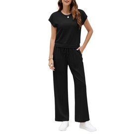 AVAMO Two Piece Sets for Women Summer Outfits Lounge Sets Crop Tops Wide Leg Pants Vacation Travel Outfits Black S