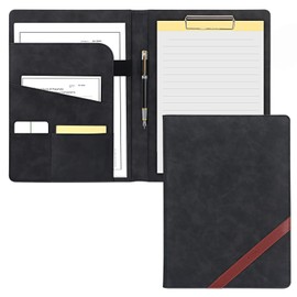 Faux Leather Conference Folder, Portfolio Folder - A4 Faux Leather Business Document Organizer with A4 Writing Pad, Document Bag, pencil clip,Business Card Holders for Business School (deep black)