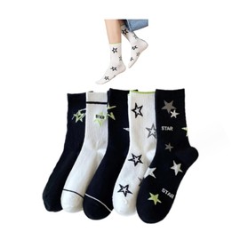 Zesenko Star Socks 5-Pairs Cute White Black Colorful Star Women’s Soft Cotton Rib Mid-Calf Socks (multi 5pairs)