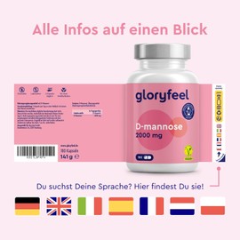 gloryfeel D-Mannose High Dose - 2000 mg Pure D Mannose per Daily Serving - 180 Capsules from Vegetable Origin - 100% Vegan, Laboratory Tested and Made in Germany without Additives