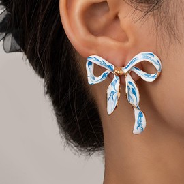 Bow Earrings for Women Blue White Porcelain Bow Stud Earrings Trendy Enamel Ribbon Jewelry accessories (A Style)
