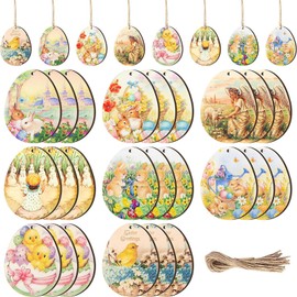 24Pcs Vintage Easter Decorations, Classic Easter Egg Bunny Wooden Hanging Ornaments Retro Easter Pendants for Easter Decor Party Supplies (Egg)