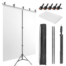 JEBUTU 5X6.5ft White Screen Backdrop with Stand Kit, White Screen with T-Shape Background Support Stand, Portable White Screen Stand Kit with Carrying Bag & 5 Spring Clamps for Video, Streaming