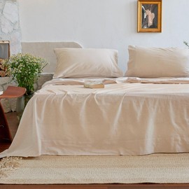 NUMWELL Cotton Flat Sheet Only Queen Size, 100% Stone Washed Cotton Linen Like Cooling Breathable Bed Sheet 1pc, Beige