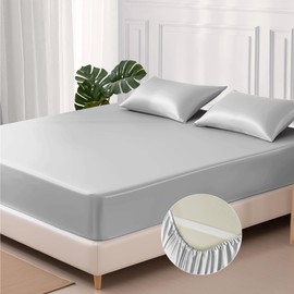 MR&HM Satin Fitted Sheet, Twin Size Silver Grey Fitted Sheet Only, Silky Soft Cooling Bed Sheets 15 Inches Deep Pocket for Mattress (Twin, Silver Grey)