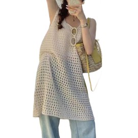 zebemay Women 2024 Beach Dress Swimsuit Crochet Knit Cover Up Summer Bathing Suit Swimwear Dress Apricot L