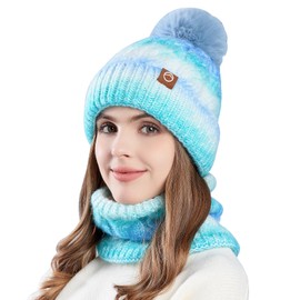 WANYIG Women's Winter Beanie Scarf Set Warm Winter Hat Knitted Hat with Scarf Autumn Hat and Scarf Set with Bobble / Soft Fleece Lining, blue