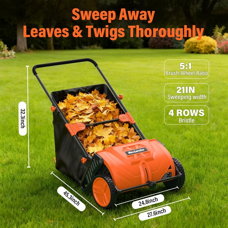 MAXLANDER 21-Inch Push Lawn Sweeper, Manual Yard Leaf Sweeper with
