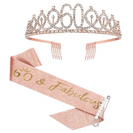 60th Birthday Sash and Tiara, Rose Gold Birthday Sash Crown 60 & Fabulous Sash and Tiara for Women, 60th Birthday Gifts for Happy 60th Birthday Gifts